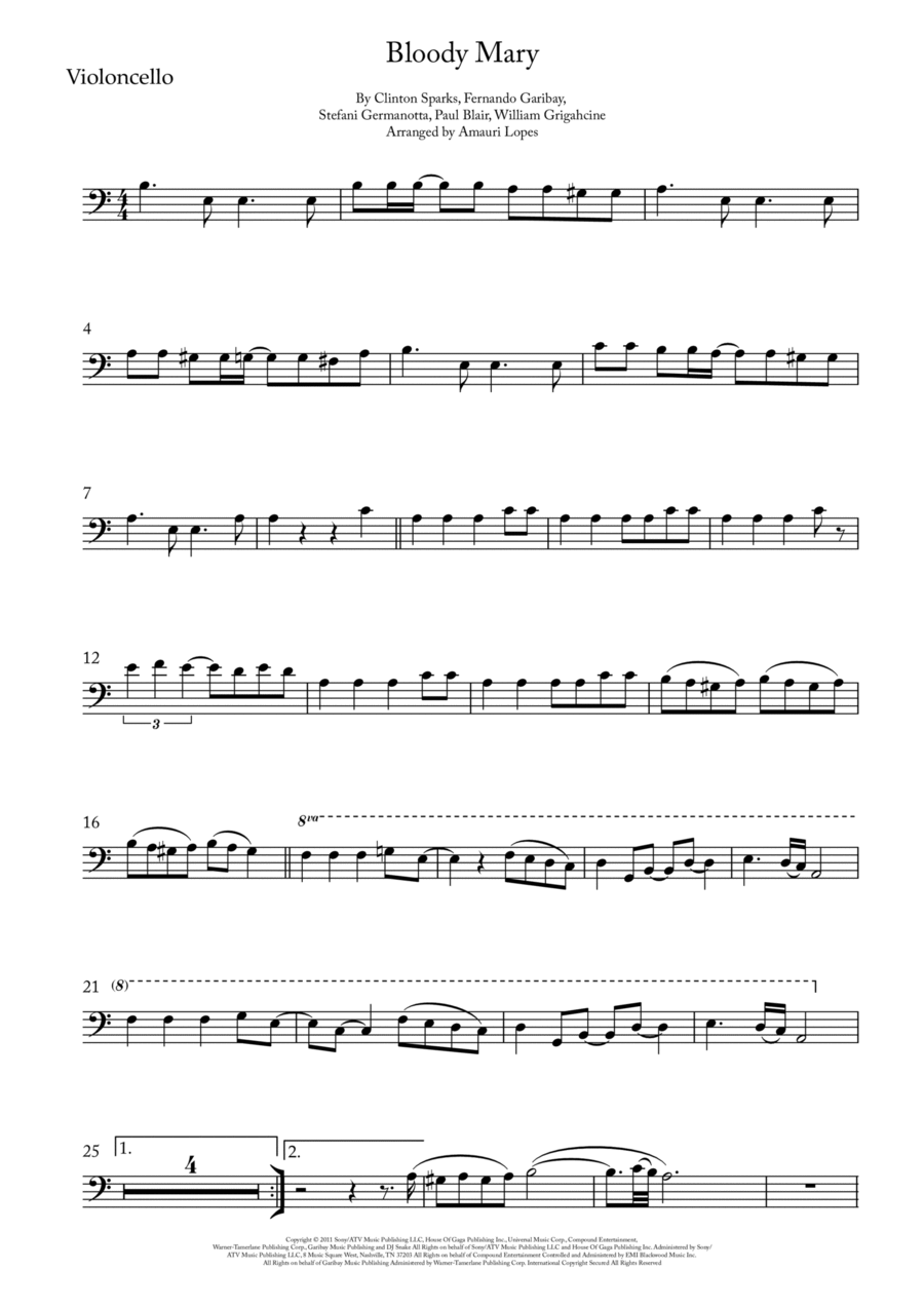Bloody Mary Cello Solo scores gallery preview page 1