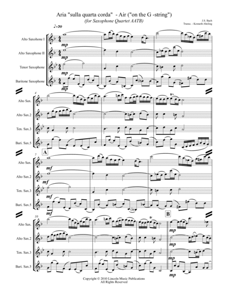 Bach - Aria "sulla quarta corda" - “Air on the G-String" (for Saxophone Quartet AATB) image number null