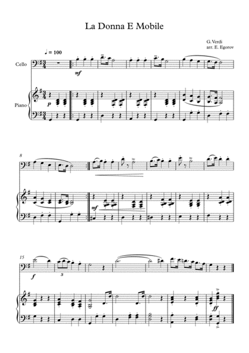 La Donna E Mobile, Giuseppe Verdi, For Cello & Piano image number null
