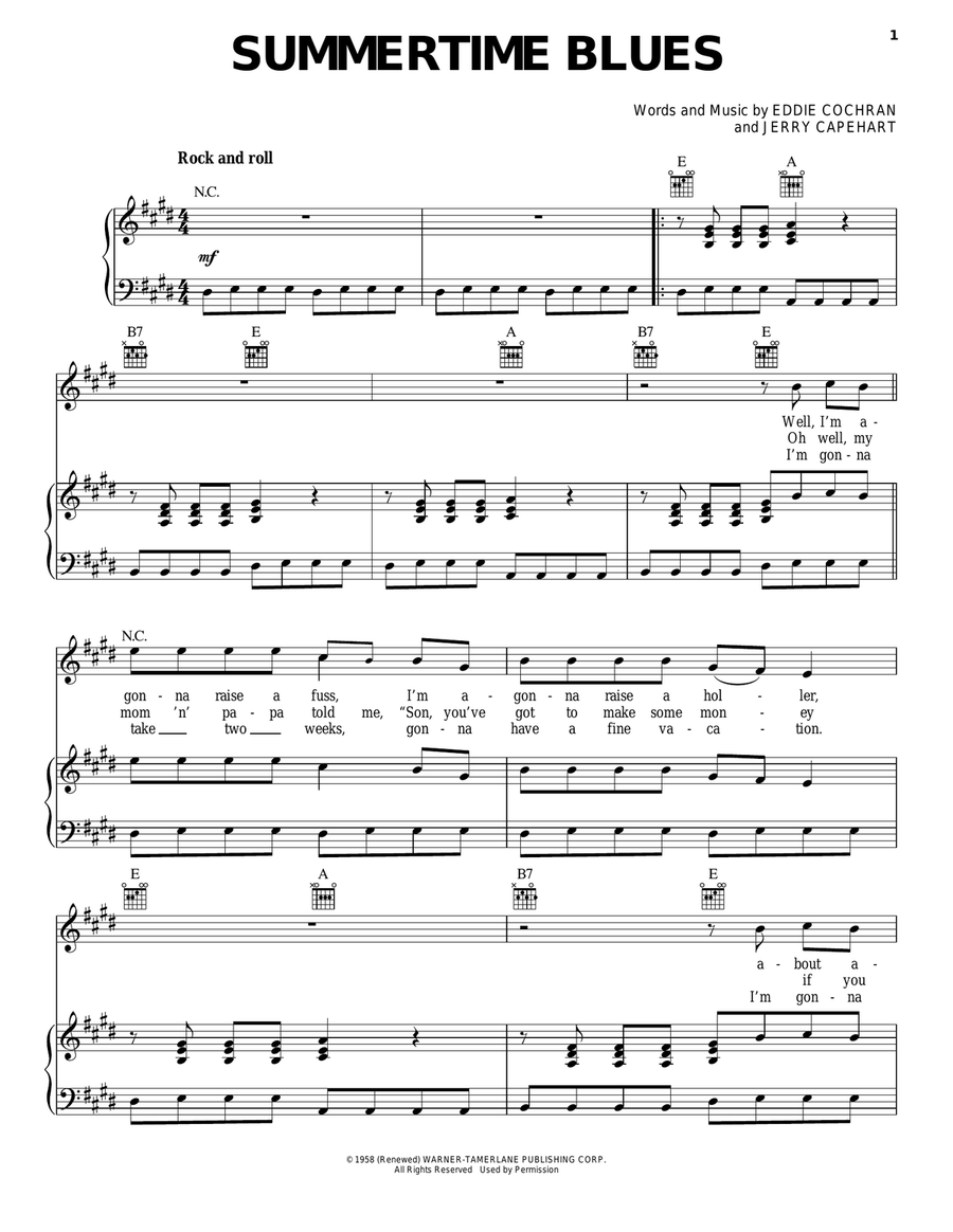 Summertime Blues Piano, Vocal, Guitar scores gallery preview page 1