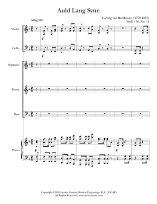 Auld Lang Syne for Violin, Cello, Piano, and 3-part (STB) Chorus. Score and Parts