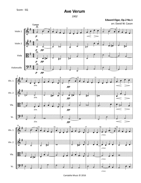 Ave Verum Op.2, No.1 (Elgar) STRING QUARTET image number null