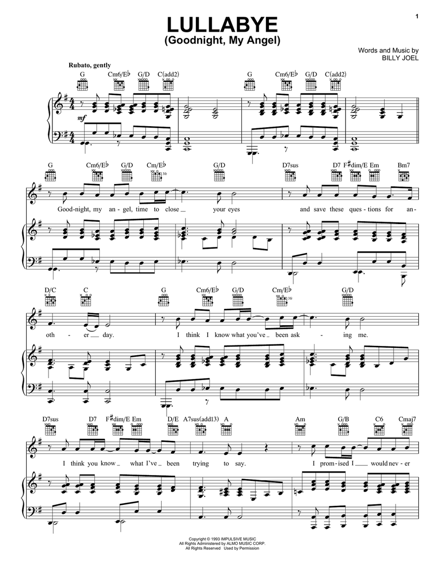 Lullabye (Goodnight, My Angel) Piano, Vocal, Guitar scores gallery preview page 1