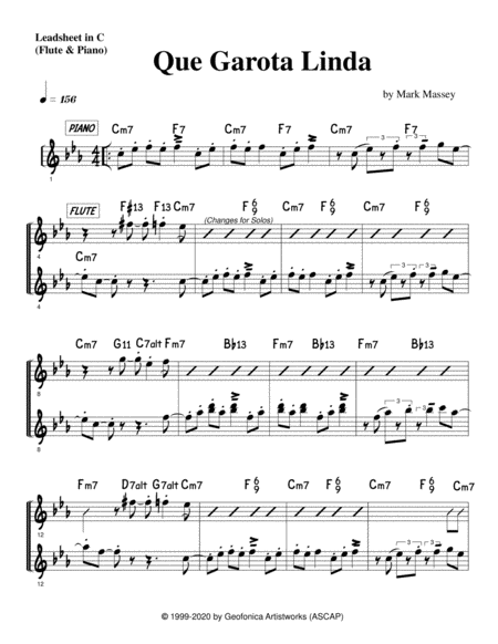 Que Garota Linda (C leadsheet, with flute and piano lines)
