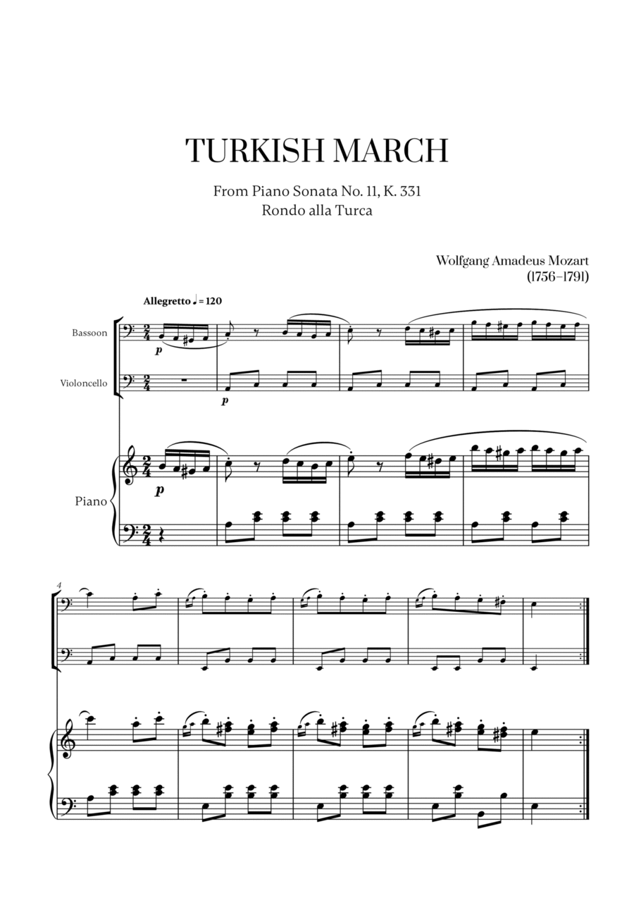 W. A. Mozart - Turkish March (Alla Turca) (for Bassoon and Cello) Bassoon scores gallery preview page 1