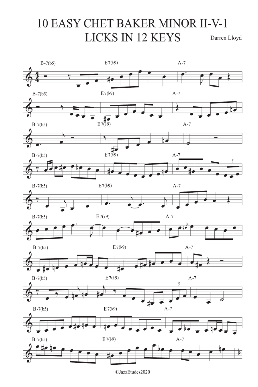 Jazz trumpet 10 easy minor II-V-I licks Chet Baker in 12 keys - Treble clef B-Flat Trumpet scores gallery preview page 3