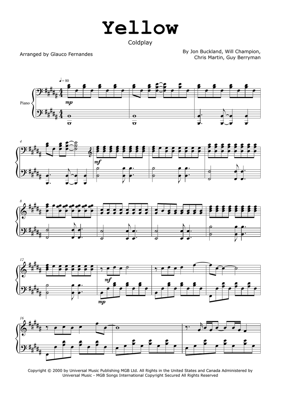 Yellow Piano Solo scores gallery preview page 1