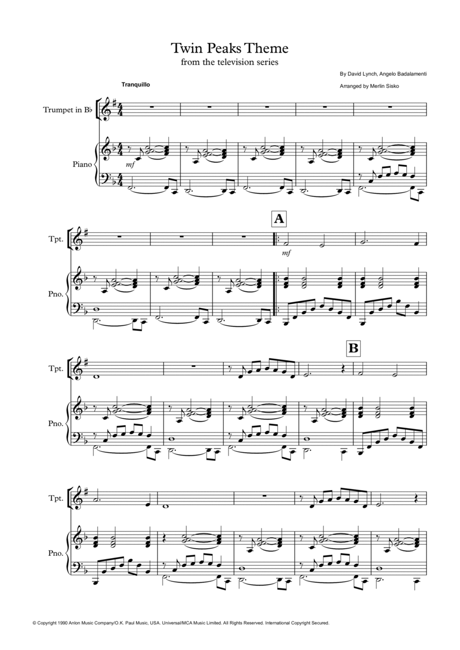 Twin Peaks Theme C Trumpet scores gallery preview page 1