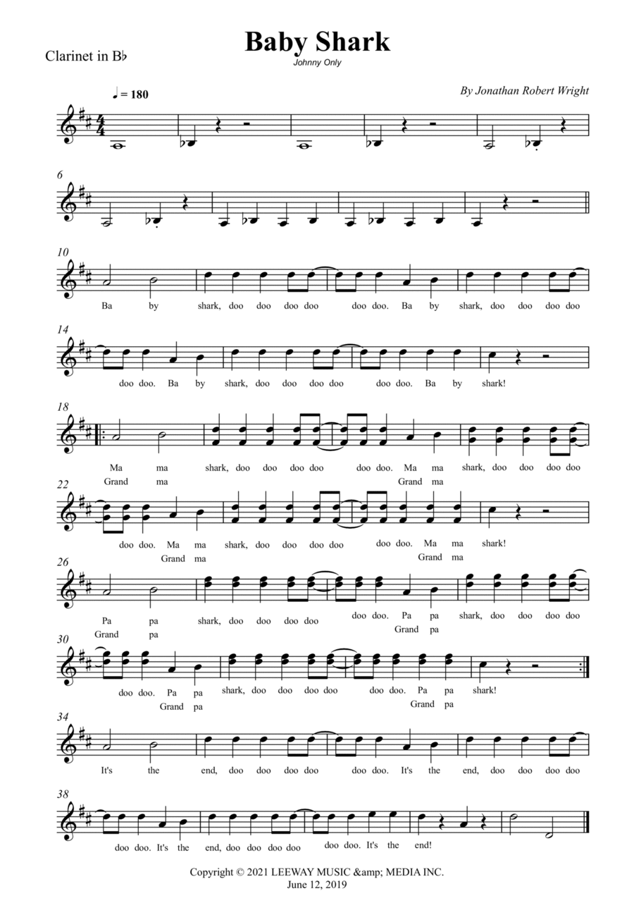 Baby Shark B-Flat Clarinet scores gallery preview page 1