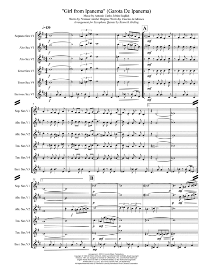 The Girl From Ipanema (Garota De Ipanema) Saxophone Quintet scores gallery preview page 2