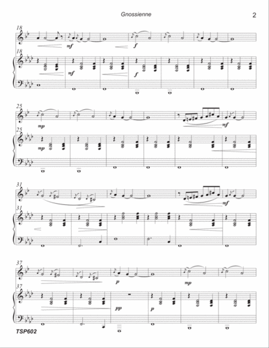 GNOSSIENNE - TRUMPET SOLO with PIANO ACCOMPANIMENT based on 3 Erik Satie Piano Solos. Trumpet Solo scores gallery preview page 2