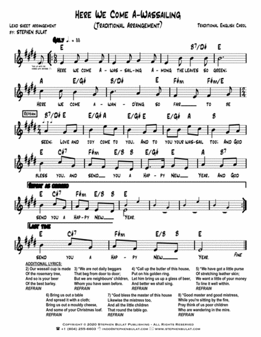 Here We Come A-Wassailing (Here We Come A-Caroling) - Lead sheet arranged in traditional and jazz st