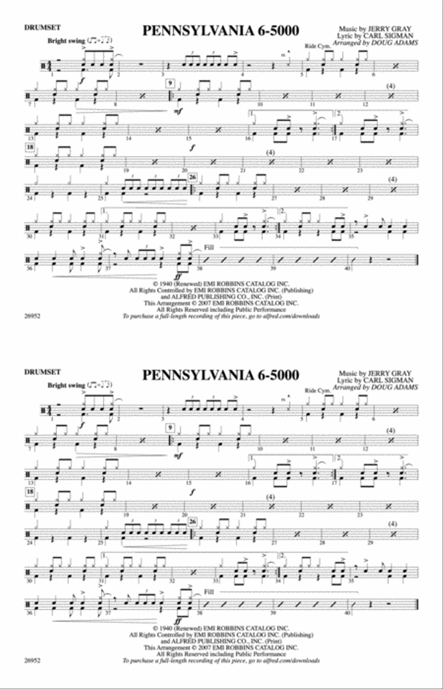 Pennsylvania 6-5000: Drumset Marching Band scores gallery preview page 1