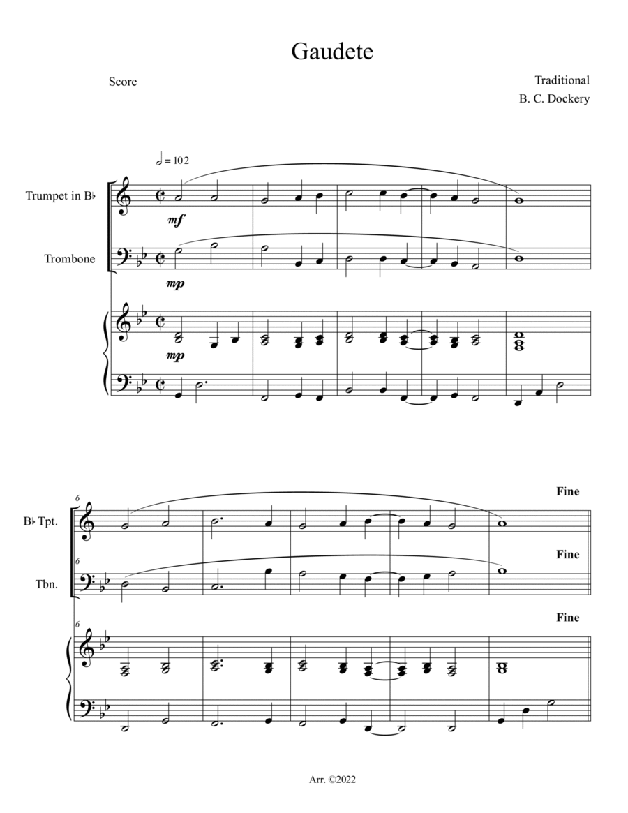 Gaudete (Trumpet and Trombone Duet with Piano Accompaniment) Brass Duet scores gallery preview page 1