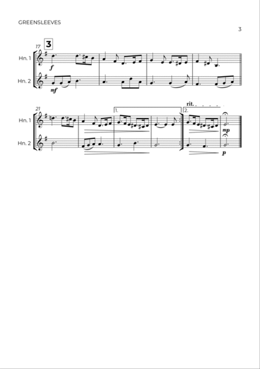 GREENSLEEVES - ANONYMUS - HORN DUET Brass Duet scores gallery preview page 3