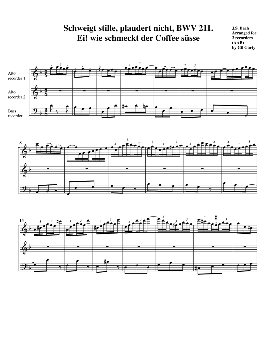Ei! wie schmeckt der Coffee suesse from cantata BWV 211 (Coffee cantata) (arrangement for 3 recorder Recorder scores gallery preview page 1