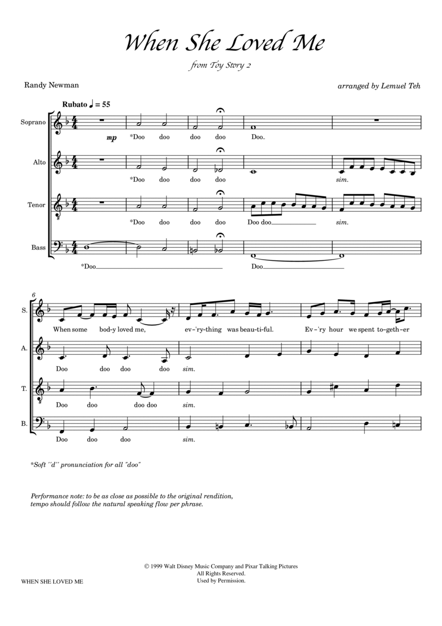 When She Loved Me 4-Part scores gallery preview page 1