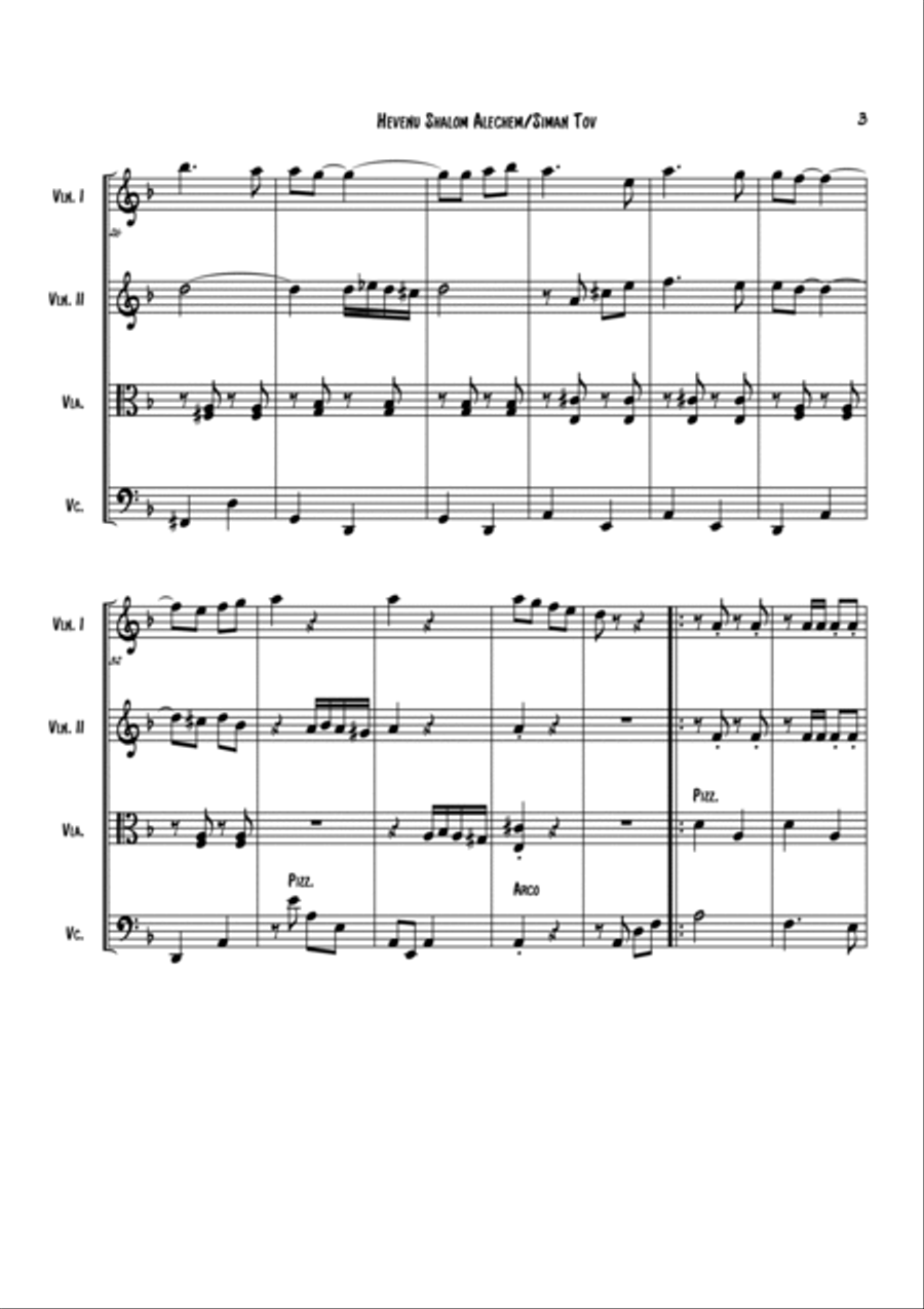 Hevenu Shalom Aleichem/Siman Tov String Quartet scores gallery preview page 3