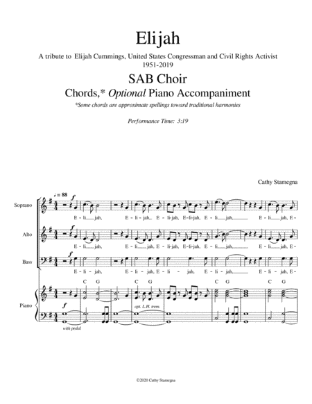 Elijah - A Tribute to Elijah Cummings (SAB, Chords, Optional Piano Acc.) image number null