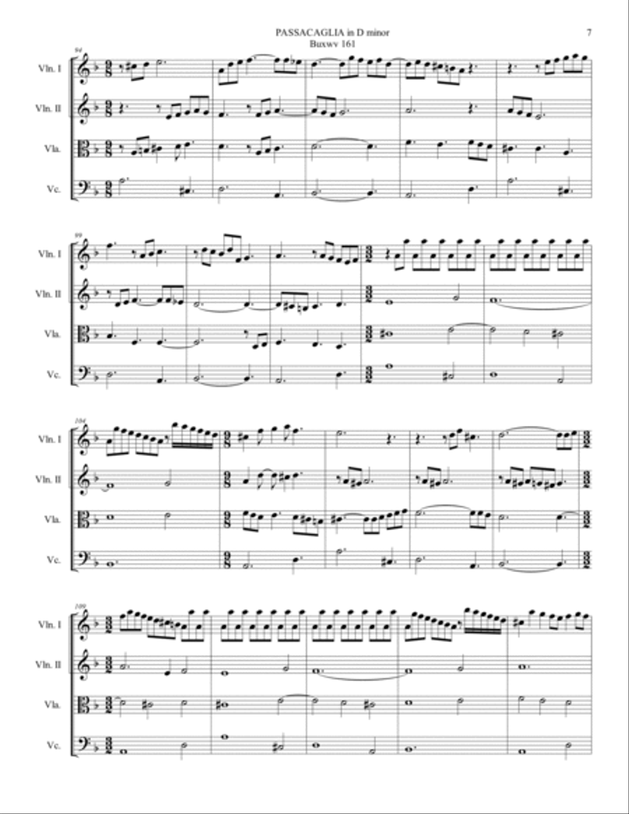 BUXTEHUDE - PASSACAGLIA IN D MINOR - BuxWv 161 - Arr. for String Quartet String Quartet scores gallery preview page 6