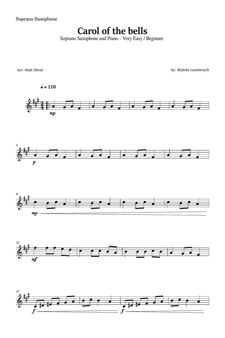 Carol of the Bells for Soprano Saxophone and Piano (Very Easy - Beginner) in E minor - With Chords Soprano Saxophone scores gallery preview page 4