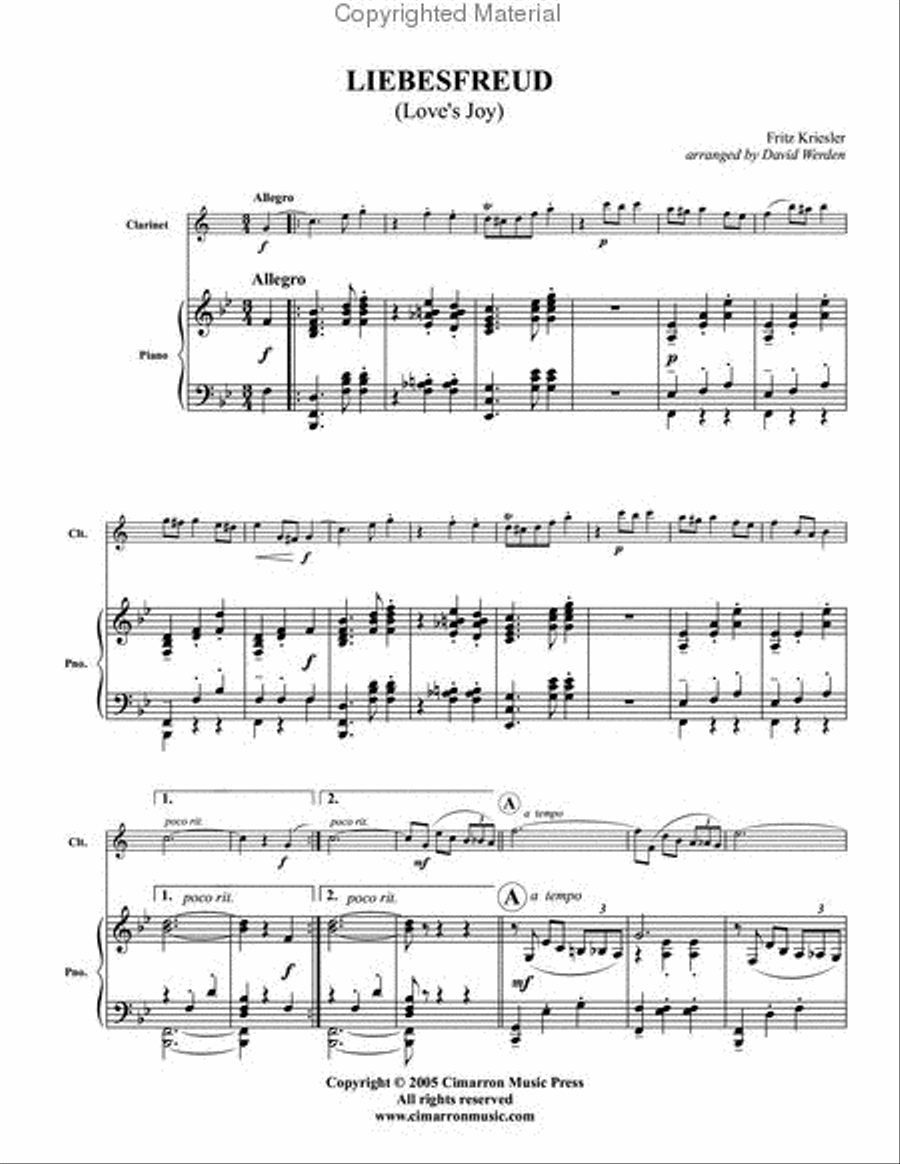 Liebesfreud (Love's Joy) Clarinet Solo scores gallery preview page 2