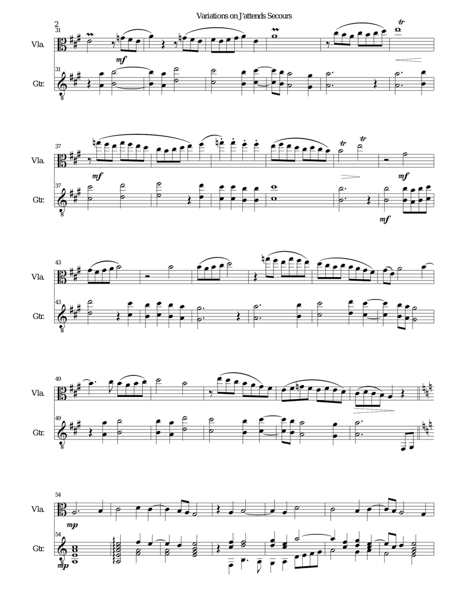 Variations on J'attends secours for viola and guitar String Duet scores gallery preview page 2