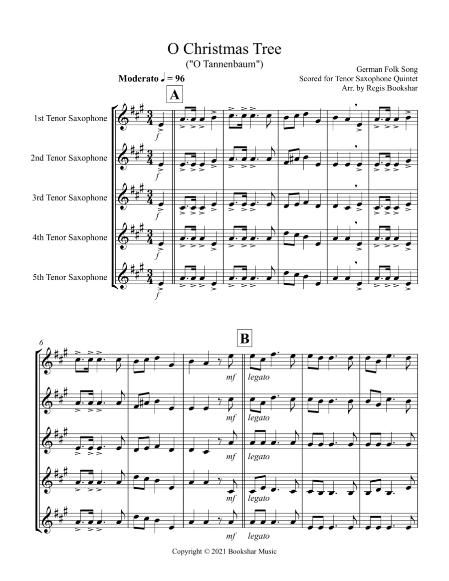O Christmas Tree (G) (Tenor Saxophone Quintet) Saxophone Quintet scores gallery preview page 1
