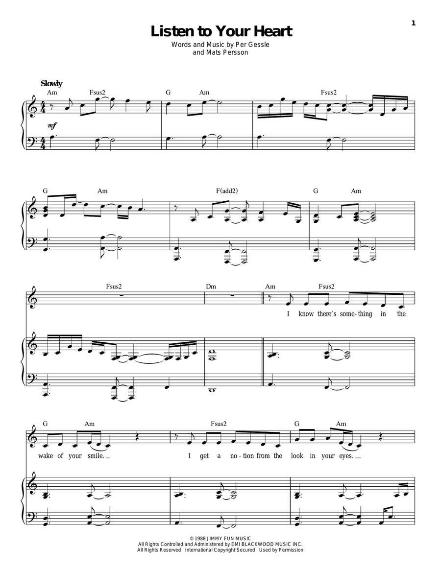 Listen To Your Heart Listen To Your Heart Piano, Vocal scores gallery preview page 1