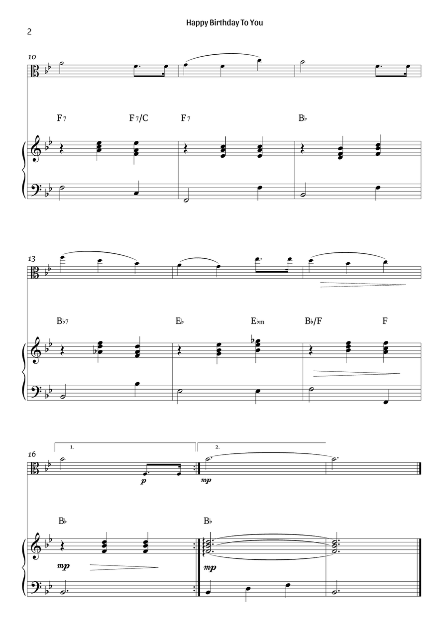 Happy Birthday To You (viola and piano – clean with chords) Piano scores gallery preview page 2