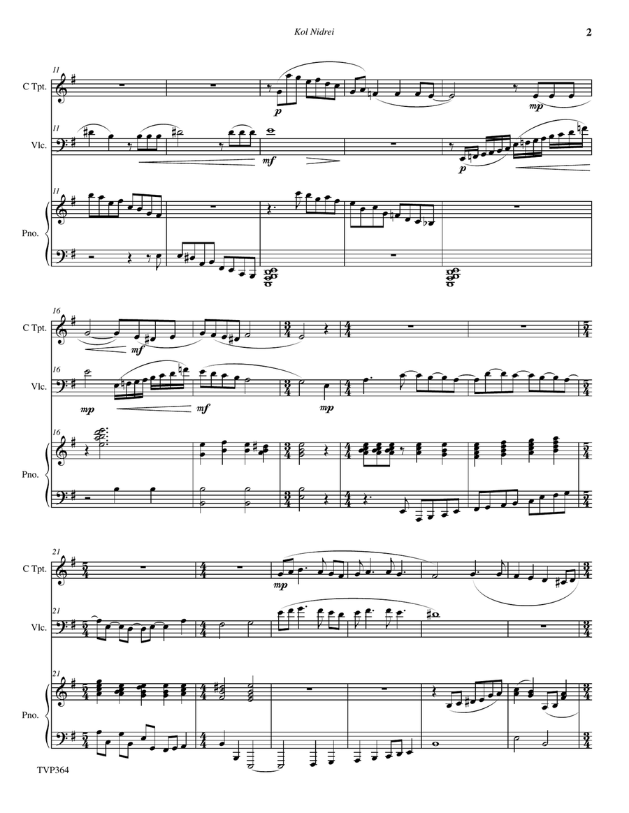 KOL NIDREI (Kol Nidre) - C or Bb Trumpet & Cello with Piano Accompaniment (Grade 4-) Trumpet Duet scores gallery preview page 2