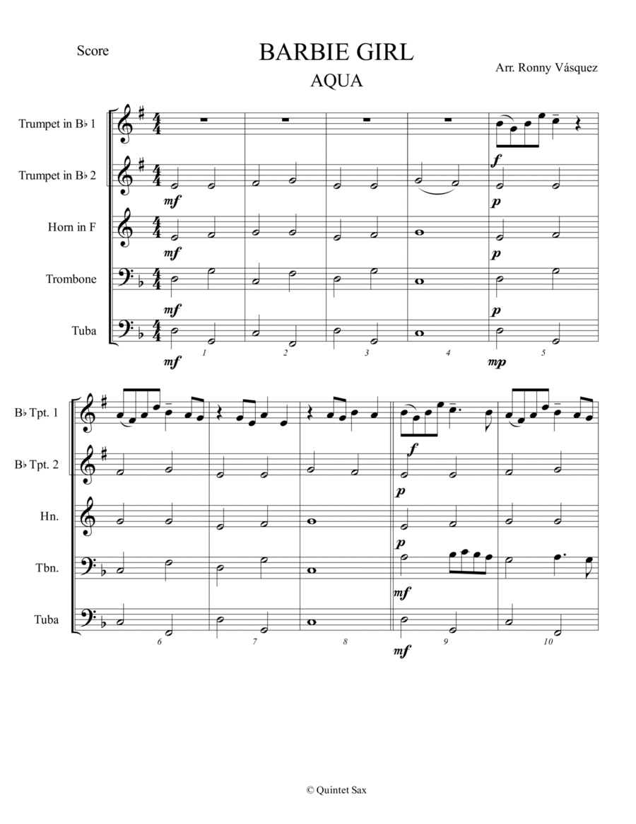 Barbie Girl Brass Quintet scores gallery preview page 1