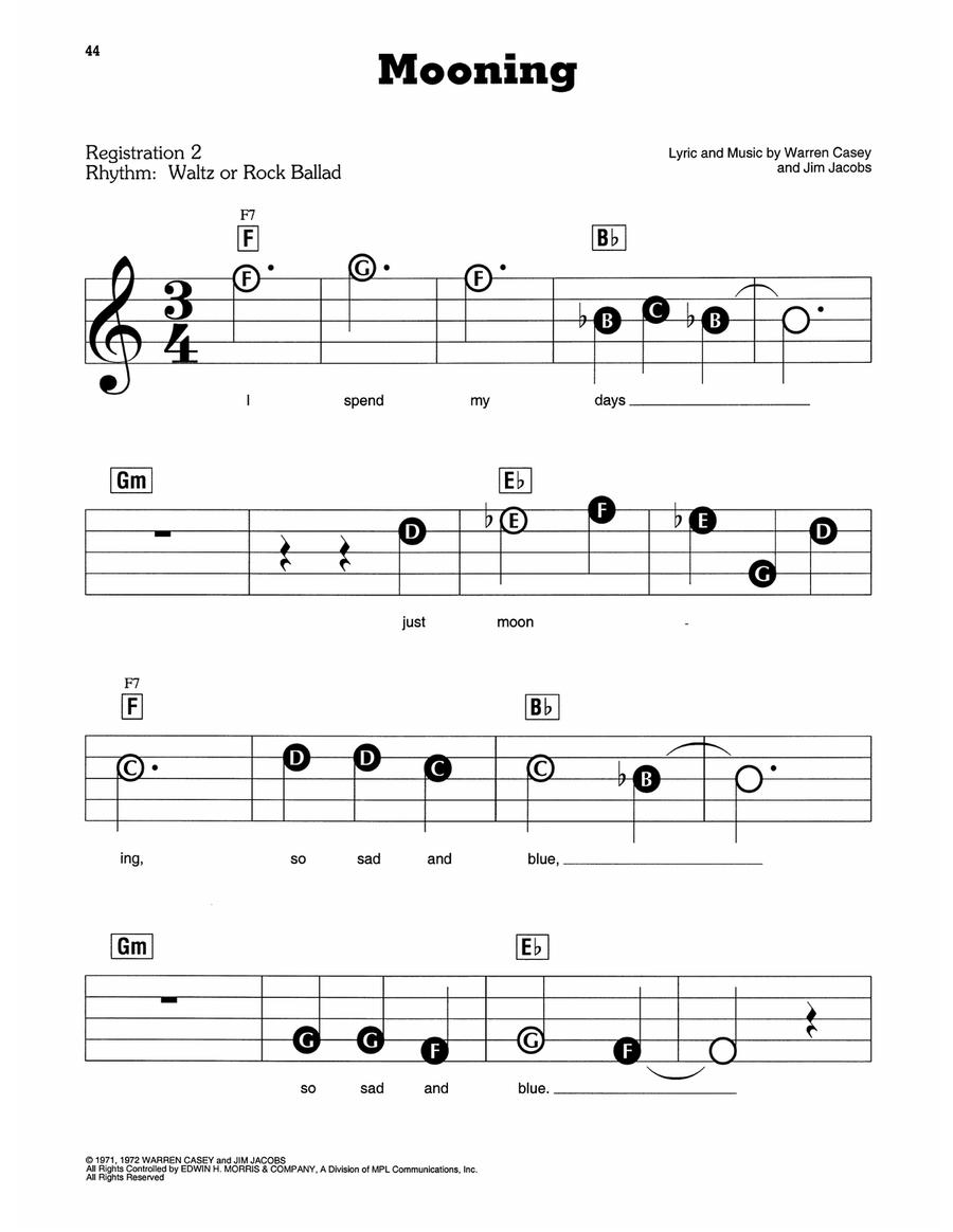 Mooning (from Grease) Electronic Keyboard scores gallery preview page 1