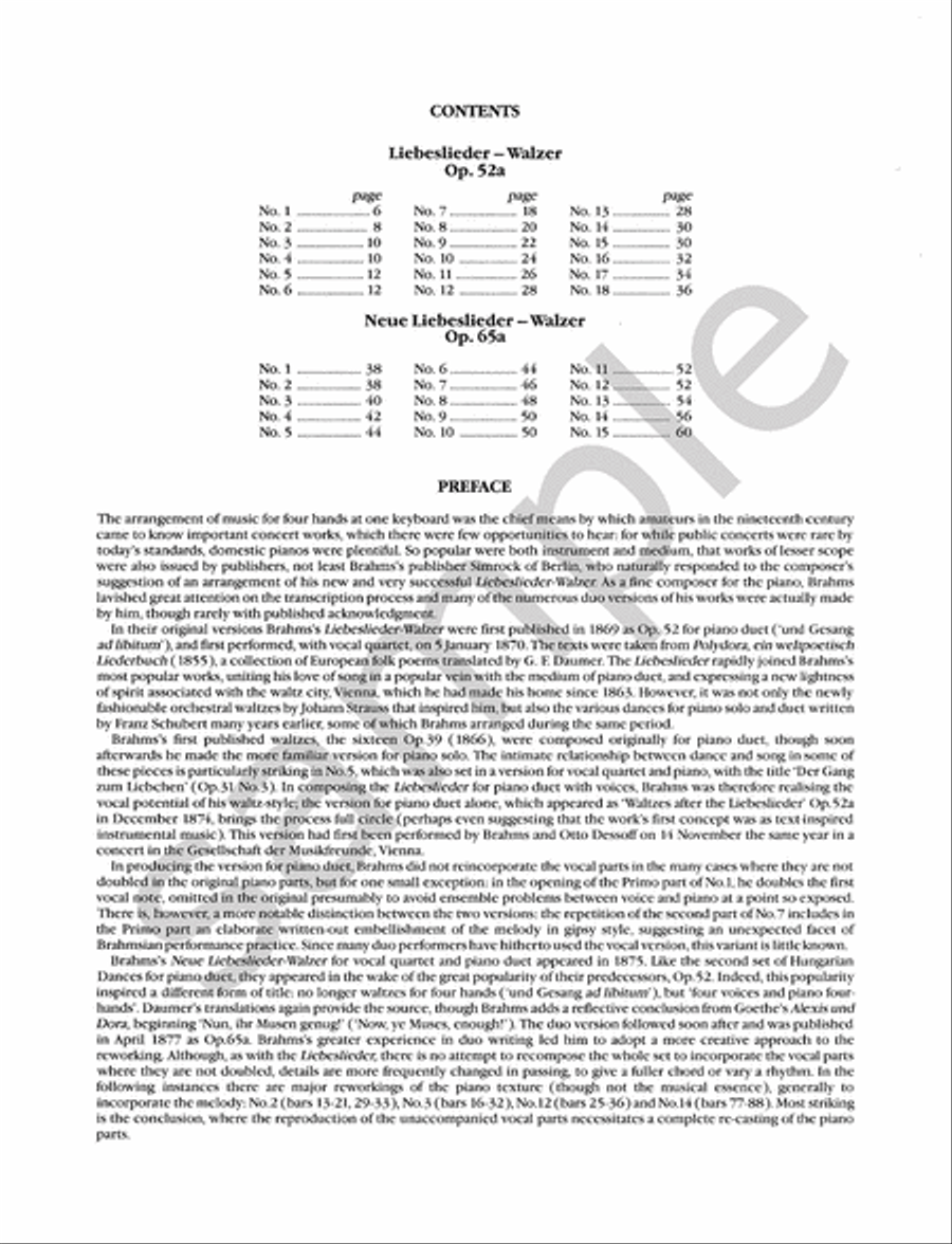 Liebeslieder-Walzer Op. 52a; Neue Liebeslieder-Walzer Op. 65a for Piano Duet