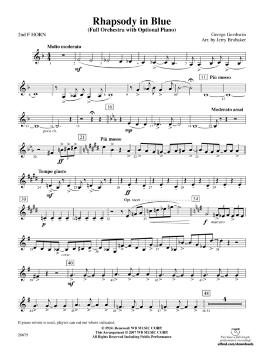 Rhapsody in Blue: 2nd F Horn Full Orchestra scores gallery preview page 1