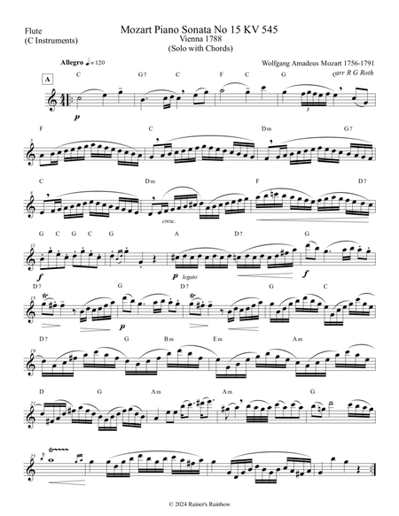 Mozart 1788 KV 545 Piano Sonata in C Leadsheet For Flute with Chords