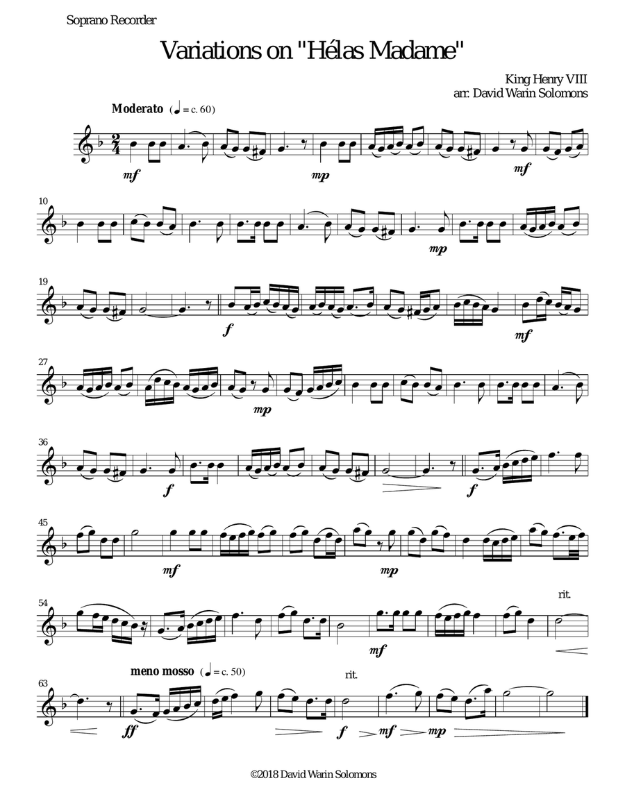 Variations for recorder quartet on 