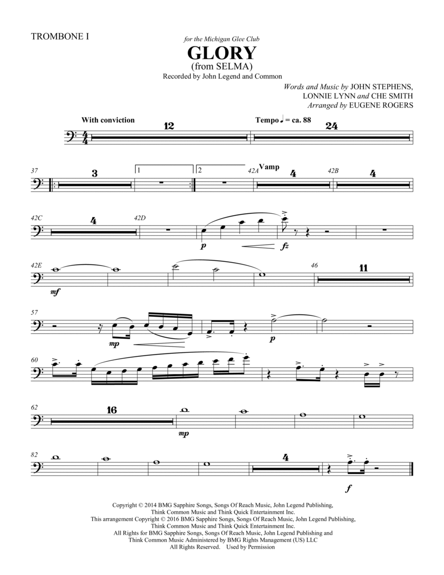 Glory (from Selma) (arr. Eugene Rogers) - Trombone 1 Choir scores gallery preview page 1
