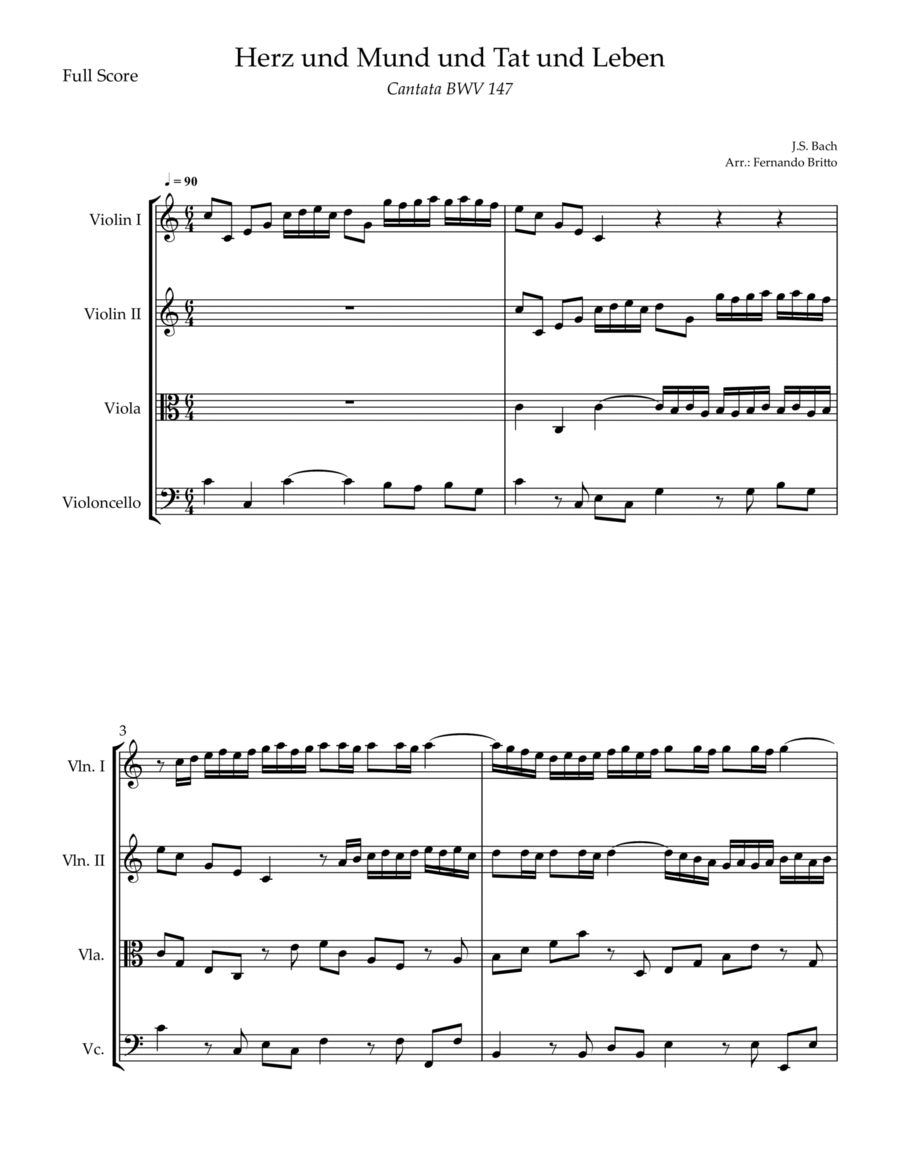 Cantata Herz und Mund und Tat und Leben (J.S. Bach BWV 147) for String Quartet String Quartet scores gallery preview page 1