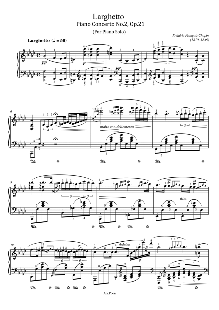 Chopin - Piano Concerto No. 2 Op.21 In F Minor II.Larghetto - Original With Fingering For Piano Solo Piano Solo scores gallery preview page 1