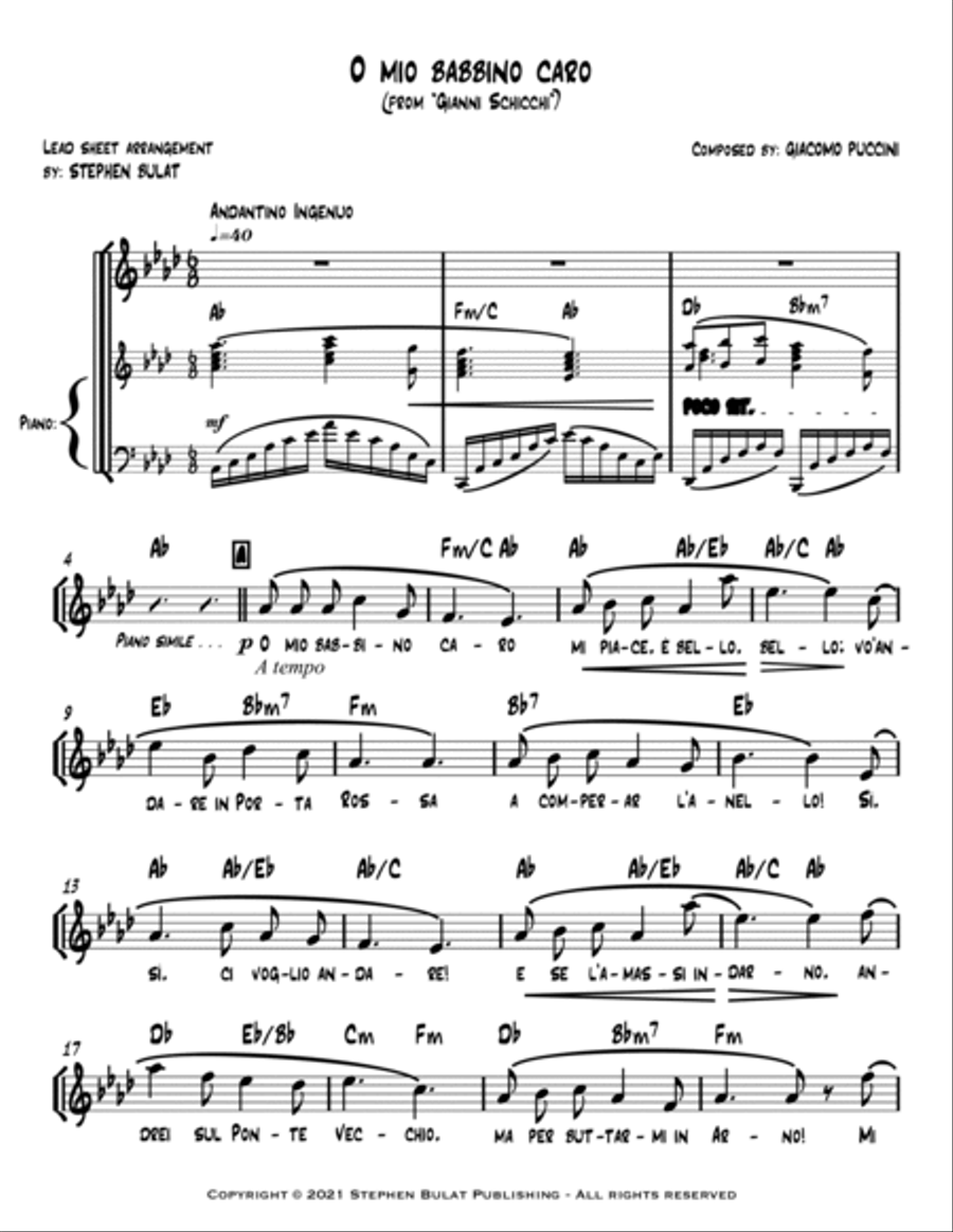 O Mio Babbino Caro (Pavarotti) - Lead sheet in original key of Ab Piano, Vocal, Guitar scores gallery preview page 2