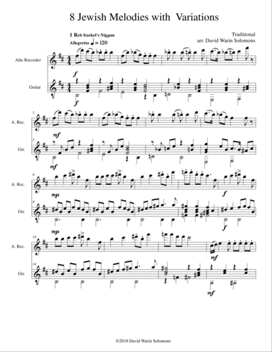 8 Jewish Melodies with Variations for alto recorder and guitar Alto Recorder scores gallery preview page 1
