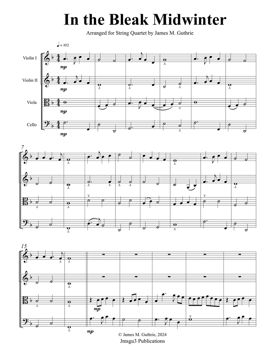 In the Bleak Midwinter for String Quartet String Quartet scores gallery preview page 1