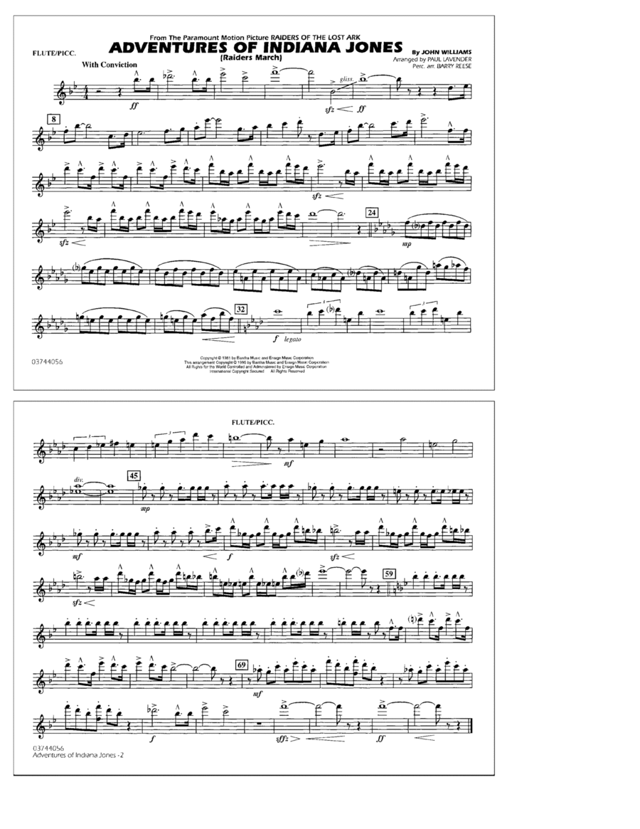 Adventures Of Indiana Jones (Raiders March) (arr. Paul Lavender) - Flute/Piccolo Marching Band scores gallery preview page 1