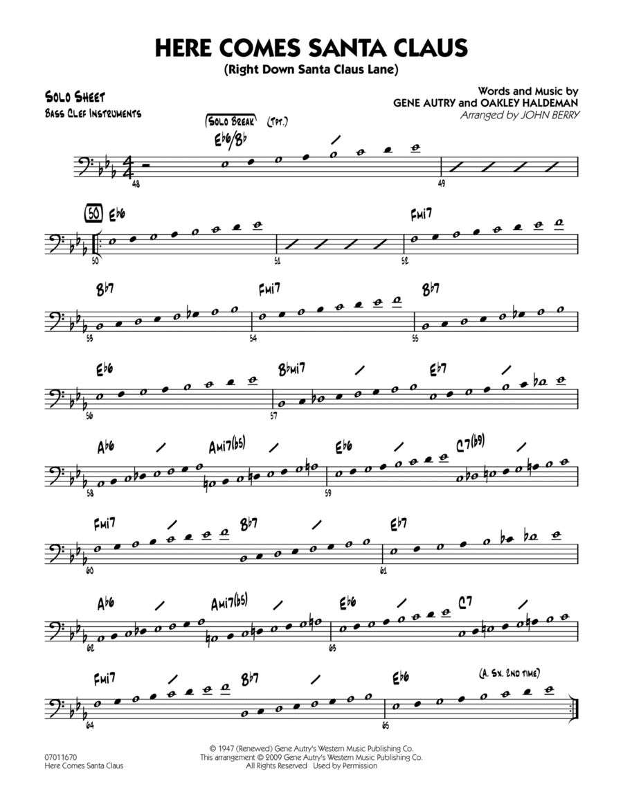 Here Comes Santa Claus (Right Down Santa Claus Lane) - C Bass Clef Solo