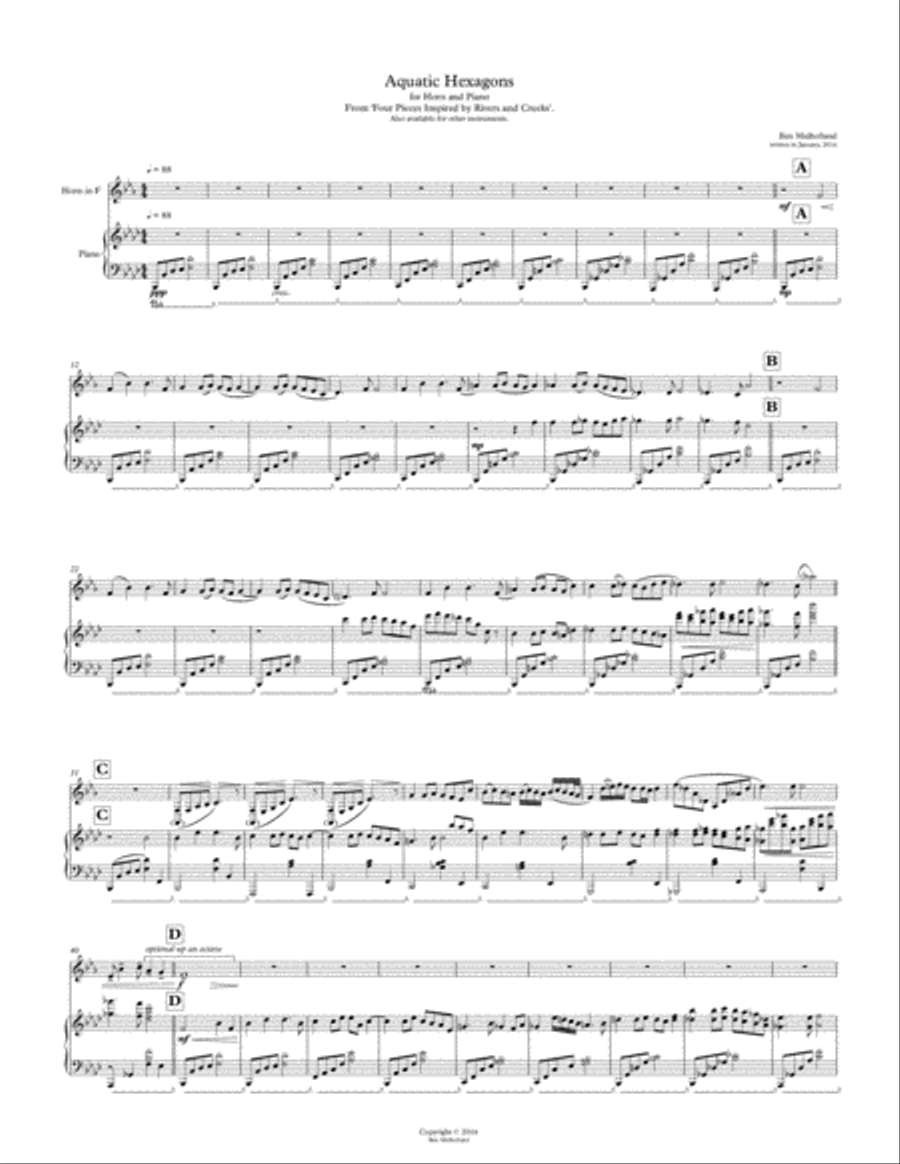 Aquatic Hexagons for Horn and Piano. From 'Four Pieces Inspired by Rivers and Creeks'. Brass Duet scores gallery preview page 1
