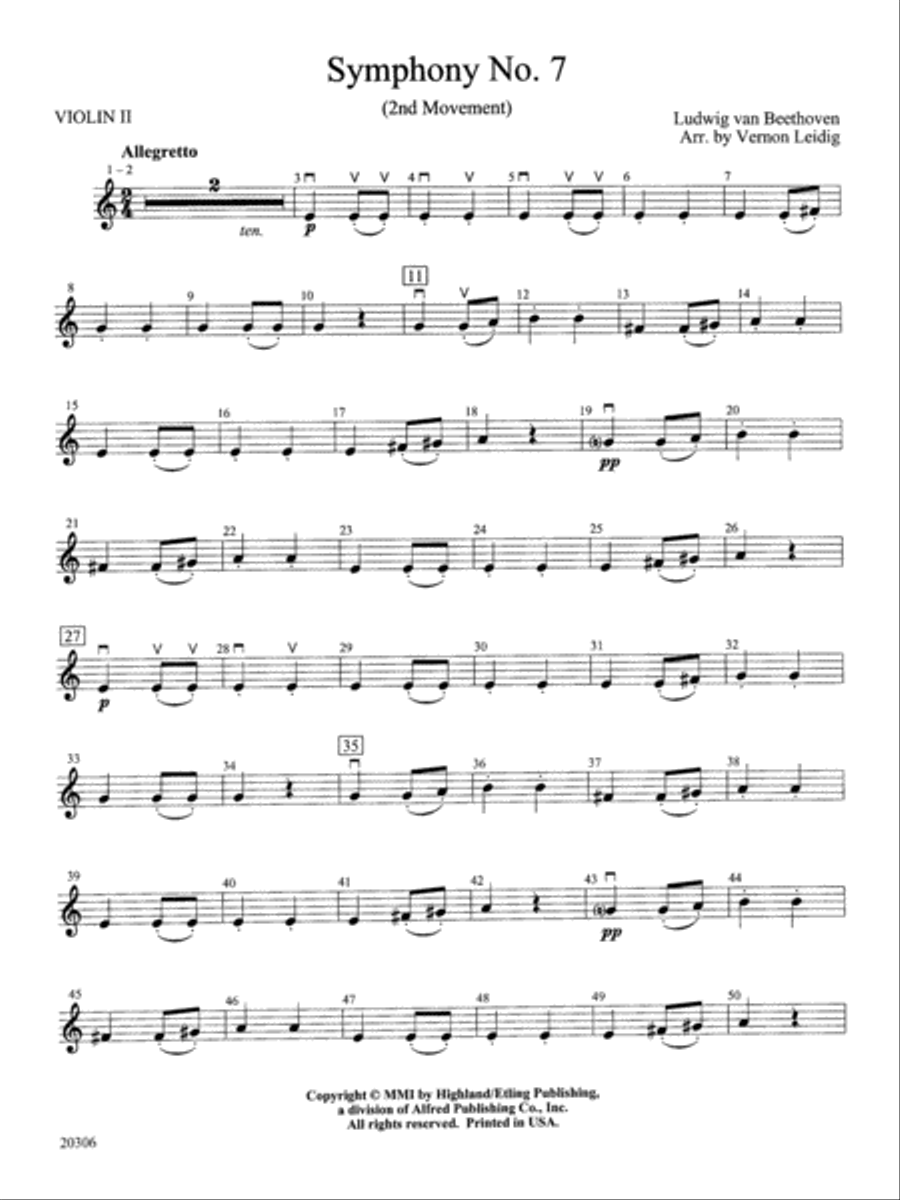 Symphony No. 7 (2nd Movement): 2nd Violin Full Orchestra scores gallery preview page 1