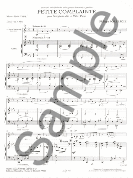 Petite Complainte (fin De Cycle 1) Pour Saxophone Alto Et Piano