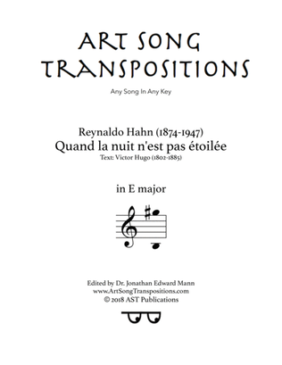 Book cover for HAHN: Quand la nuit n'est pas étoilée (transposed to E major)