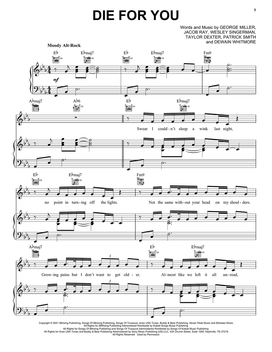 Die For You Die For You Piano, Vocal, Guitar scores gallery preview page 1